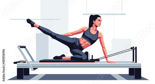 Flat vector woman doing pilates reformer workout in clean studio. Ideal for pilates centers, rehab fitness, wellness content, and body-strengthening illustrations