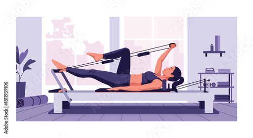Flat vector woman doing pilates reformer workout in clean studio. Ideal for pilates centers, rehab fitness, wellness content, and body-strengthening illustrations