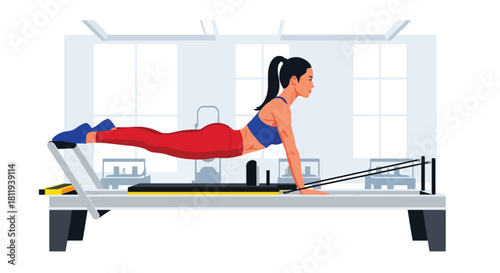 Flat vector woman doing pilates reformer workout in clean studio. Ideal for pilates centers, rehab fitness, wellness content, and body-strengthening illustrations