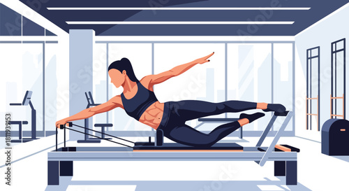 Flat vector woman doing pilates reformer workout in clean studio. Ideal for pilates centers, rehab fitness, wellness content, and body-strengthening illustrations