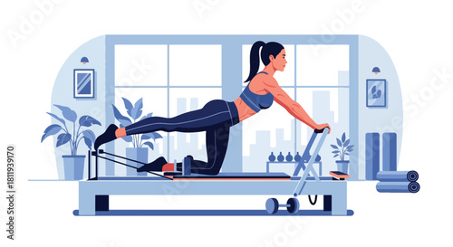 Flat vector woman doing pilates reformer workout in clean studio. Ideal for pilates centers, rehab fitness, wellness content, and body-strengthening illustrations