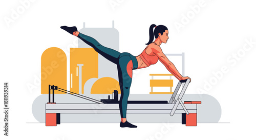 Flat vector woman doing pilates reformer workout in clean studio. Ideal for pilates centers, rehab fitness, wellness content, and body-strengthening illustrations