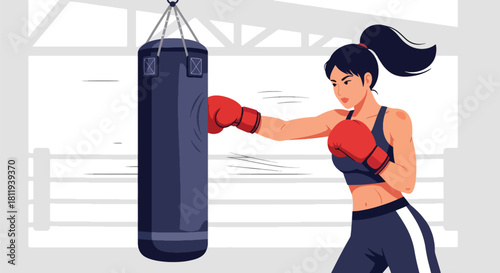 Flat vector athletic woman boxing with punching bag in powerful stance. Ideal for boxing gyms, fitness promotions, martial training content, and motivational visuals