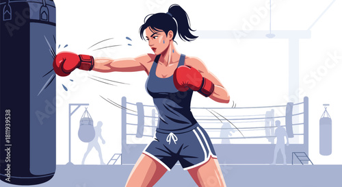 Flat vector athletic woman boxing with punching bag in powerful stance. Ideal for boxing gyms, fitness promotions, martial training content, and motivational visuals