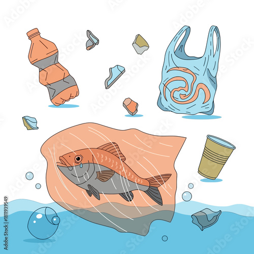 Ocean Pollution A Depiction of Marine Life Threatened by Plastic Waste and Debris