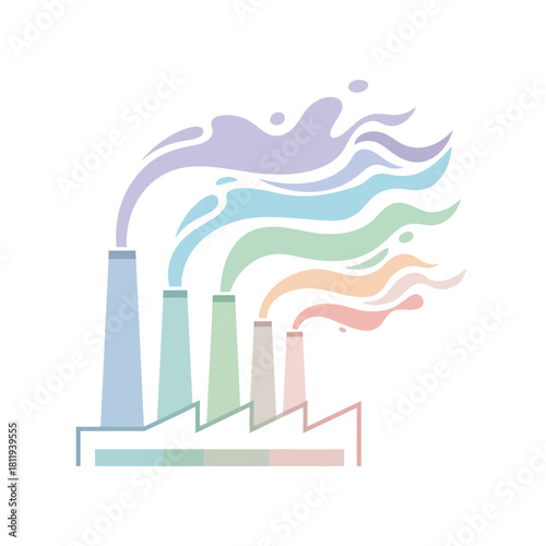 Symbolic representation of clean industry and sustainable manufacturing with a factory emitting colorful, non-polluting smoke