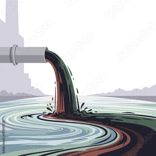 Environmental Pollution Illustration Industrial Waste Polluting River, Causing Contamination and Damage