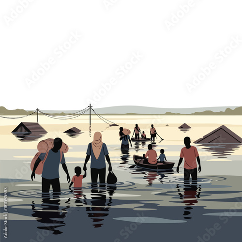 People navigating through a flooded landscape carrying belongings, highlighting displacement and survival during a natural disaster