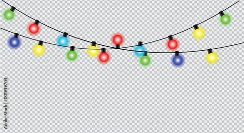String of colorful glowing light bulbs on a wire