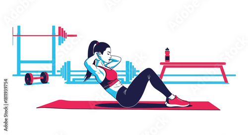 Flat vector woman doing core training on mat with strong posture. Ideal for workout tutorials, gym programs, fitness branding, and healthy lifestyle visuals