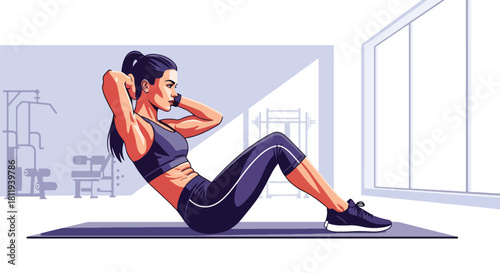 Flat vector woman doing core training on mat with strong posture. Ideal for workout tutorials, gym programs, fitness branding, and healthy lifestyle visuals