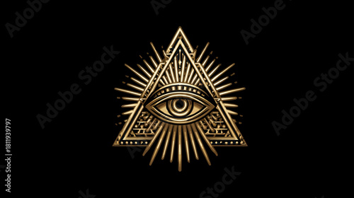 Mystical Golden All-Seeing Eye Symbol within a Pyramid Triangle with Radiating Light on a Black Background