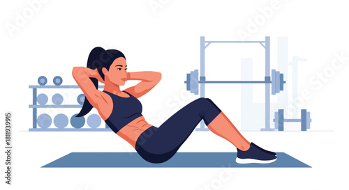 Flat vector woman doing core training on mat with strong posture. Ideal for workout tutorials, gym programs, fitness branding, and healthy lifestyle visuals
