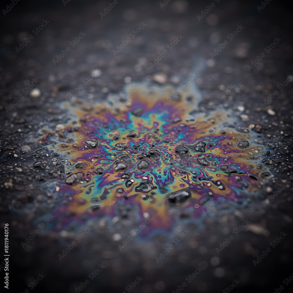 Obraz premium Oil Spill Rainbow Sheen on Dark Wet Asphalt Pavement