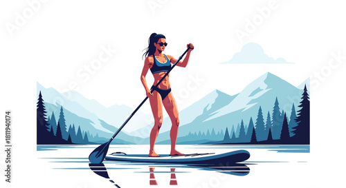 Flat vector sporty woman paddleboarding on calm lake with balanced stance. Ideal for outdoor fitness ads, summer activity visuals, and healthy lifestyle design
