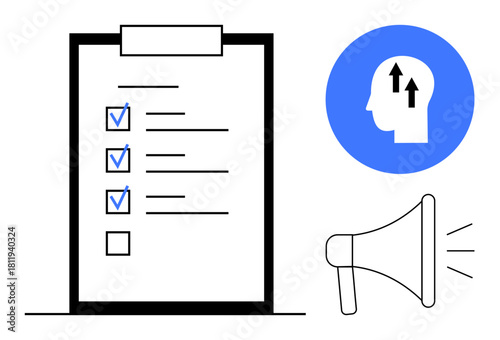 Communication concept. Visualizing communication through a checklist, head silhouette for brainstorming, and a megaphone for spreading ideas. Communication in teamwork, planning, marketing