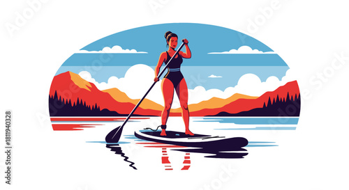 Flat vector sporty woman paddleboarding on calm lake with balanced stance. Ideal for outdoor fitness ads, summer activity visuals, and healthy lifestyle design