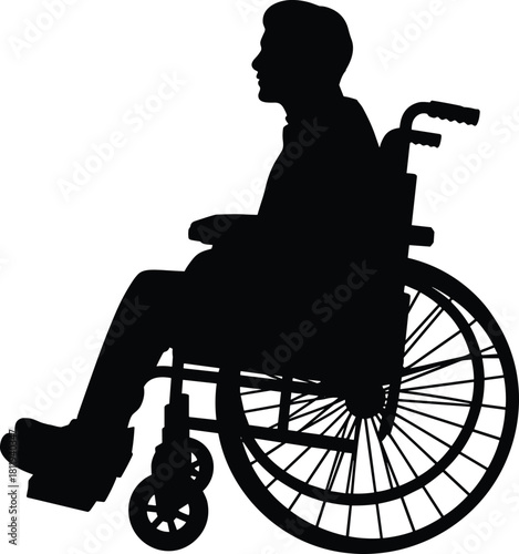 Black silhouette of a disabled man sitting in a standard wheelchair facing sideways, isolated on a white background