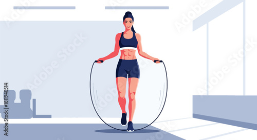 Flat vector woman doing jump-rope cardio in fitness zone with dynamic movement lines. Ideal for training routines, workout apps, fitness campaigns, and gym illustrations