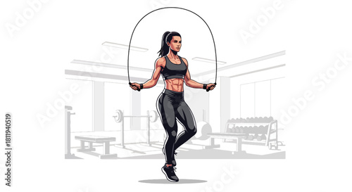 Flat vector woman doing jump-rope cardio in fitness zone with dynamic movement lines. Ideal for training routines, workout apps, fitness campaigns, and gym illustrations