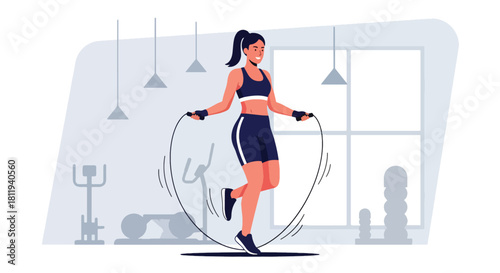 Flat vector woman doing jump-rope cardio in fitness zone with dynamic movement lines. Ideal for training routines, workout apps, fitness campaigns, and gym illustrations