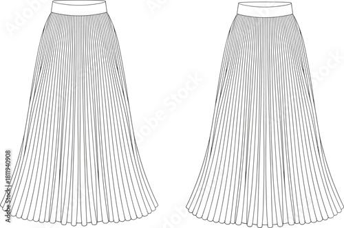 Elegant women’s pleated maxi skirt technical fashion sketch with flared silhouette, waistband detail, front and back vector apparel illustration