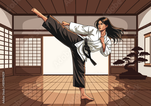 Flat vector strong woman performing martial arts kick in clean dojo. Ideal for self-defense schools, martial arts branding, sports education, and motivation visuals