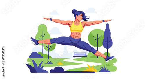 Flat vector woman performing energetic jump stretch during outdoor workout. Ideal for fitness promotions, exercise apps, healthy lifestyle visuals, and motivational design