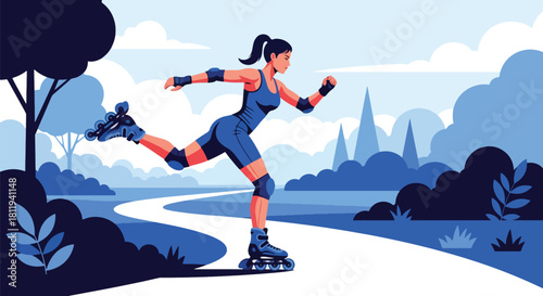 Flat vector woman rollerblading on park path with dynamic movement. Ideal for outdoor fitness themes, active lifestyle designs, and healthy recreation content