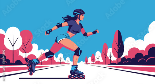 Flat vector woman rollerblading on park path with dynamic movement. Ideal for outdoor fitness themes, active lifestyle designs, and healthy recreation content