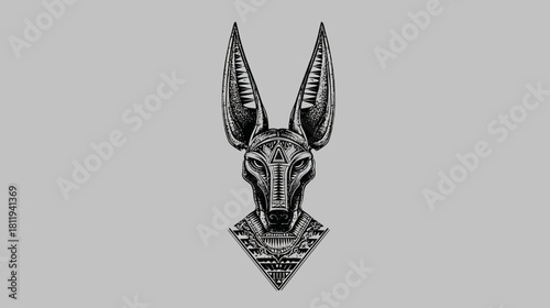 Intricate Engraved Style Illustration of Ancient Egyptian Jackal-Headed God, Mythological Deity Symbol of Afterlife
