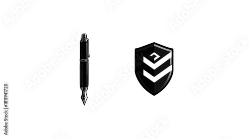 Elegant Black Fountain Pen and Modern Abstract Shield Icon on White Background Representing Quality, Protection, and Professionalism