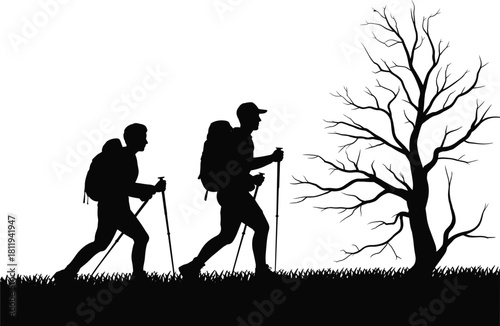 Black silhouette of two hikers with backpacks and trekking poles walking past a bare tree on white background