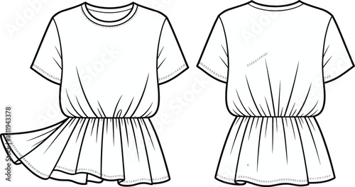 "Flat cad drawing of short sleeve gathered waist dress technical fashion sketch with front and back view detailed vector illustration"