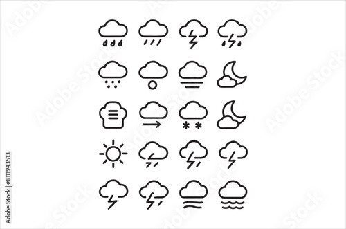 A collection of simple black and white weather forecast icons displayed in a grid