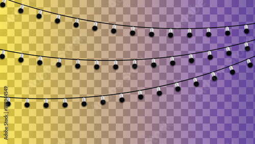 Three lines of black and white string light bulbs on wire