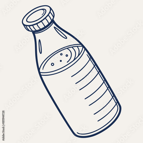 Glass Bottle with Liquid and Cap Outline on White Background Keywords: bottle, liquid, drink