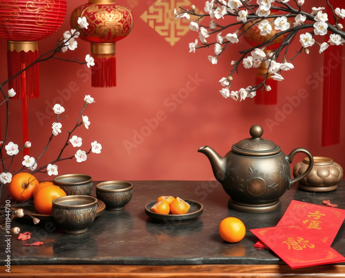 Warm tea gathering with traditional decor and citrus fruits celebrating cultural heritage