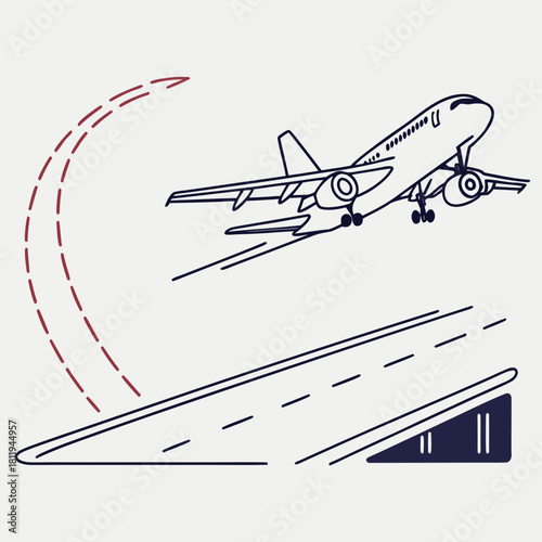 Airplane Taking Off From Runway With Curved Flight Path aircraft takeoff