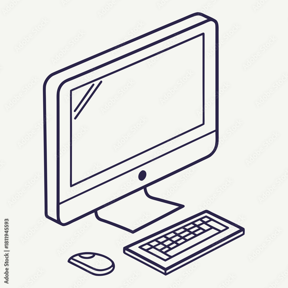 Fototapeta premium Isometric Computer Monitor Keyboard and Mouse Line Drawing Keywords: computer, monitor, keyboard