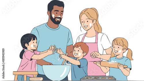 Multiracial family baking cookies together in kitchen, parents and kids mixing dough and playing with flour during fun homemade cooking activity