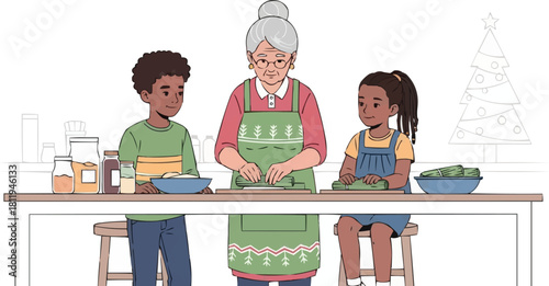 Diverse grandmother teaching children to cook together, senior woman preparing food with grandkids in kitchen, family cooking activity