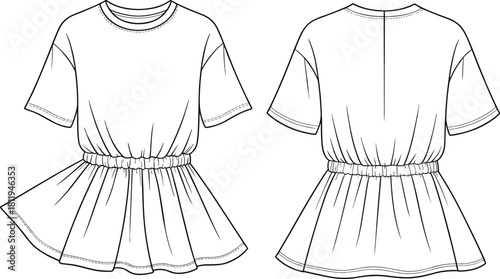 Girls elastic waist dress fashion flat sketch with short sleeves, gathered skirt, technical garment drawing and vector template for apparel design