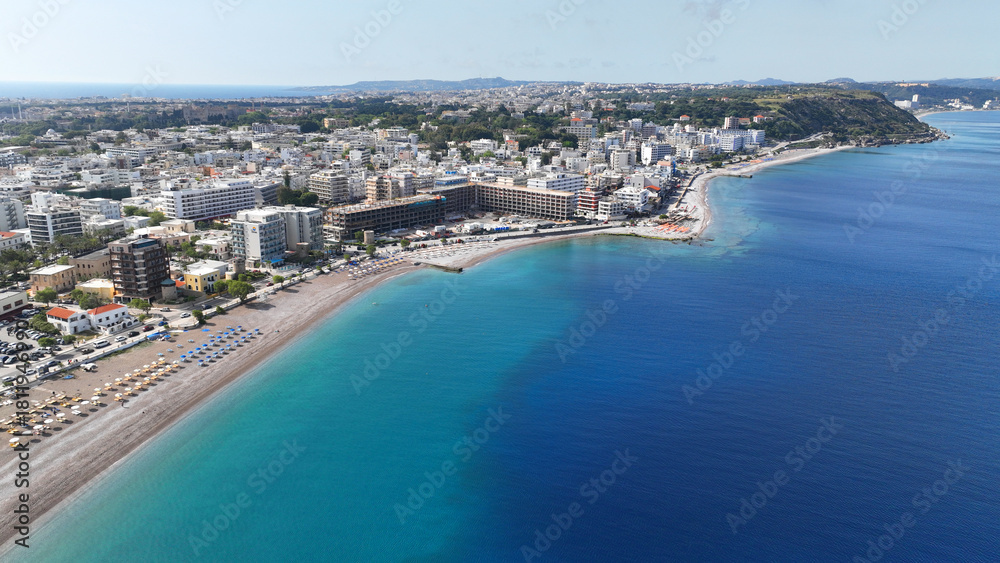Fototapeta premium Aerial drone photo of famous main sandy beaches of Rhodes island west coast called Akti Miaouli and Akti Kanari famous for luxury hotels and nice seaside restaurants, Dodecanese, Greece