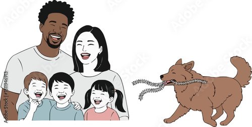 Happy Multiracial Family Playing with Dog and Holiday Tinsel, Joyful Black and Asian Parents with Three Children Running with Christmas Decoration