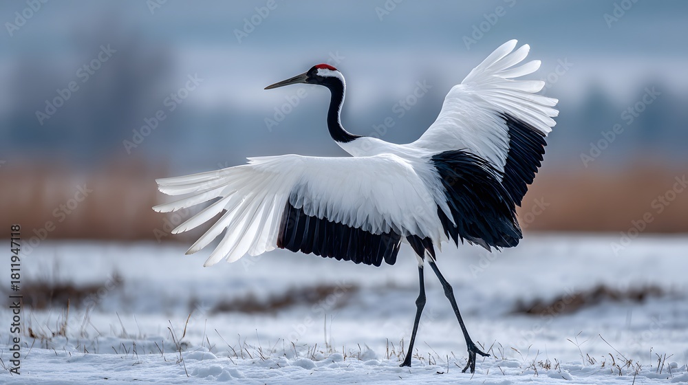 Naklejka premium Majestic Red-Crowned Crane Captured in a Serene Winter Dance Over Snowy Terrain Inspiring a Fleeting Moment of Nature's Beauty
