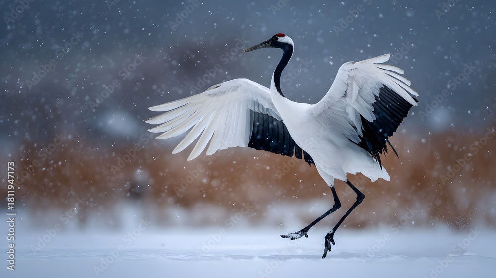 Naklejka premium Intimate Winter Dance of the Red-Crowned Crane Gliding with Grace Across a Powdery Snow Field in Realistic Detail