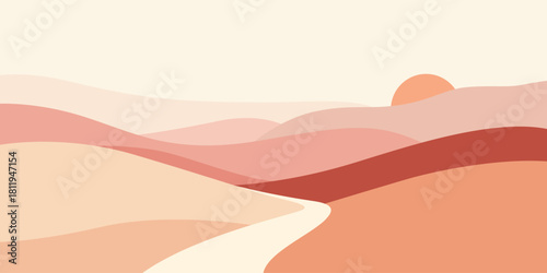 Abstract landscape with rolling hills a winding path and a setting sun