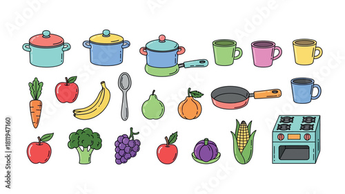 Culinary Essentials: A vibrant collection of cookware and fresh produce comes together, symbolizing culinary art, showcasing the ingredients needed to prepare a delicious and wholesome meal.