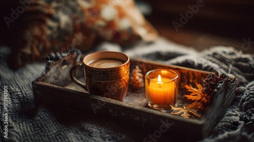 A detailed depiction of a cozy autumn moment featuring warm coffee and a glowing candle on a vintage tray, evoking feelings of rustic comfort and serene relaxation on a crisp fall evening.